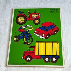 Vintage 1985 Playskool Wooden Board Puzzle – Things With Wheels Car, Truck, Bike